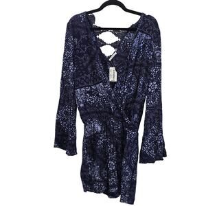 Dex Romper Womens XS Blue Geometric Wrap Bell Sleeve Crochet